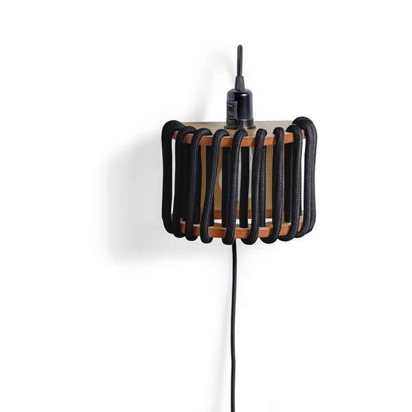 Crna zidna svjetiljka s drvenom strukturom EMKO Macaron, duljina 20 cm