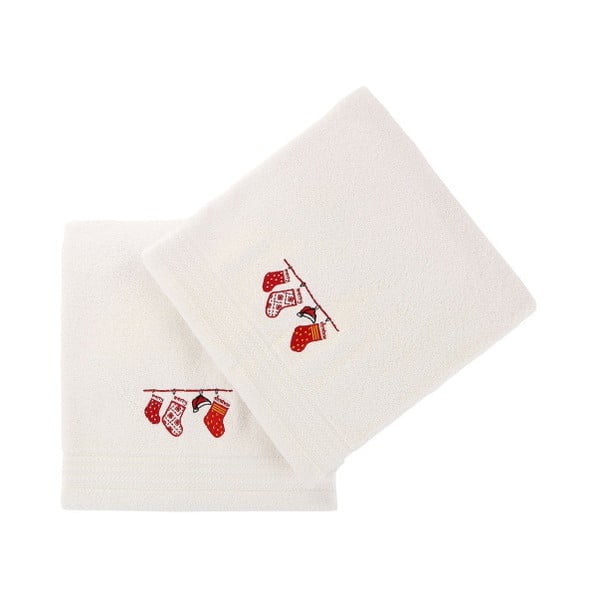 Set od 2 bijela božićna ručnika Čarape, 70 x 140 cm