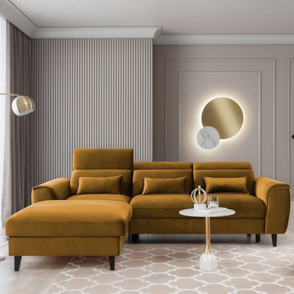 Žuta  baršunasti sklopiva/s prostorom za odlaganje kutna garnitura (s lijevim kutom/s ležaljkom) Foble – ELTAP-image-1