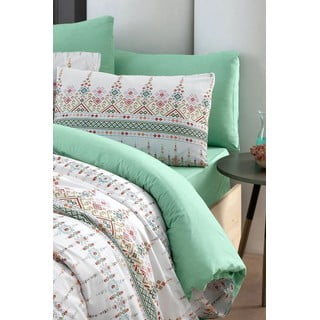 Bijela/zelena posteljina za bračni krevet/za produženi krevet s uključenom plahtom/4-dijelna 200x220 cm Ethnic – Mila Home
