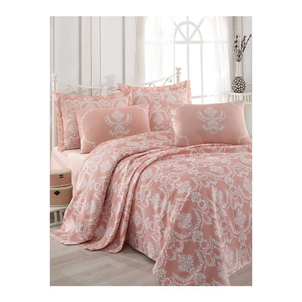 Losos ružičasti pamučni prekrivač za bračni krevet s plahtom i jastučnicama Anna, 200 x 235 cm