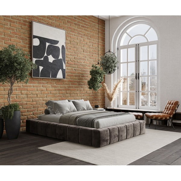 Smeđi tapecirani bračni krevet s prostorom za pohranu s podnicom 200x200 cm Aruba L – Maison de Rêve-image-1