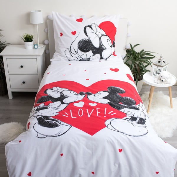 Crvena/bijela pamučna dječja posteljina za krevet za jednu osobu 140x200 cm Mickey and Minnie "Love" – Jerry Fabrics-image-1