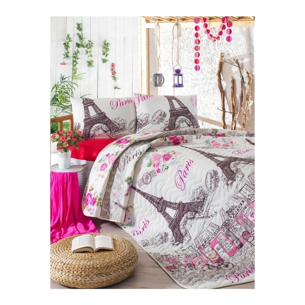 Prošiveni lagani prekrivač za bračni krevet s navlakom za jastuk Cafe Paris, 200 x 220 cm