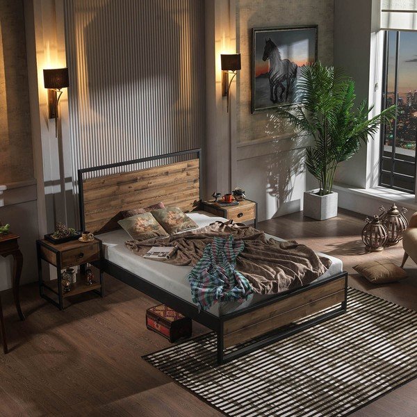 Crni/u prirodnoj boji bračni krevet s podnicom 140x200 cm Ariane – Kalune Design-image-3