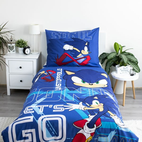 Plava pamučna dječja posteljina za krevet za jednu osobu 140x200 cm Sonic "Let´s go" – Jerry Fabrics-image-1