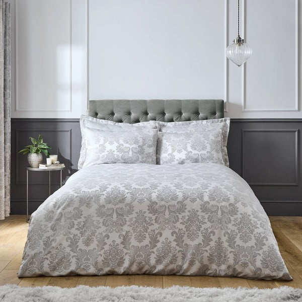 Siva posteljina za bračni krevet/za produženi krevet od damasta 230x220 cm Damask Jacquard – Catherine Lansfield-image-1