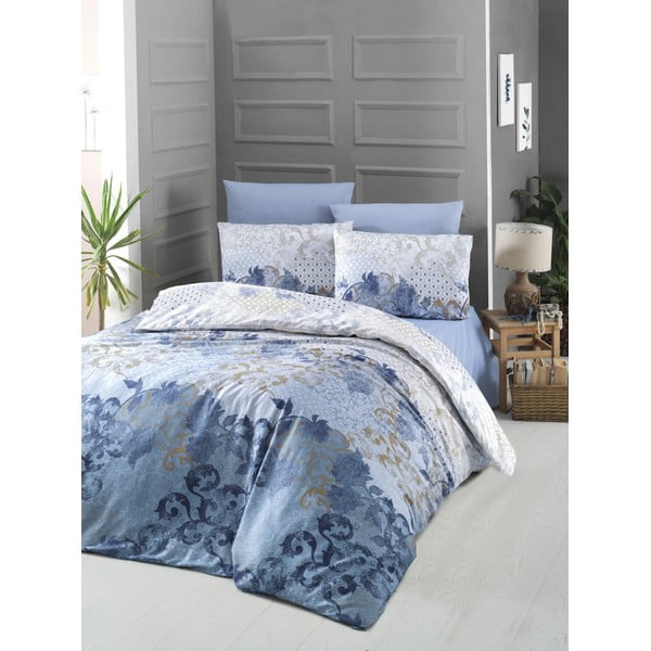 Plava posteljina od pamučnog satena za bračni krevet Victoria Nerissa II., 200 x 200 cm