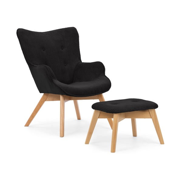 Crna fotelja s naslonjačem za noge od samta Niko – Ropez