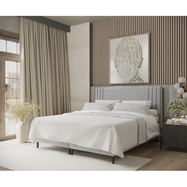 Sivi tapecirani bračni krevet s prostorom za pohranu 140x200 cm Musca – Maison de Rêve-image-1