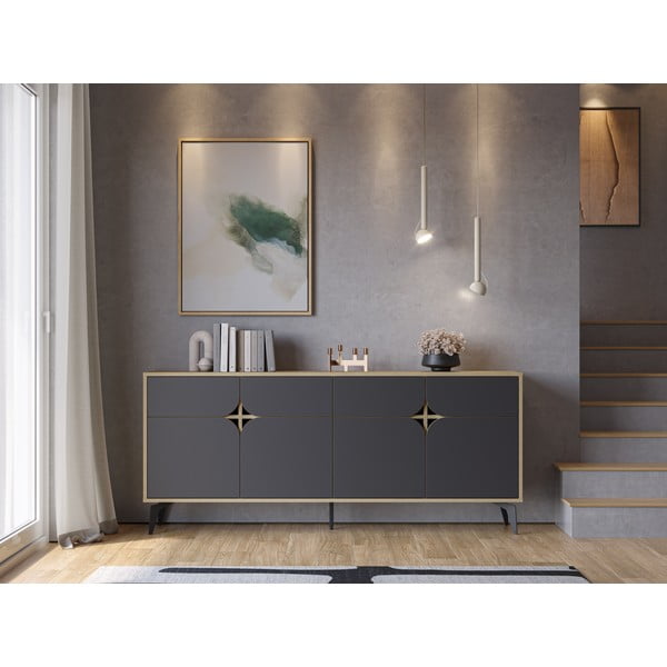 Crna/u prirodnoj boji niska komoda u dekoru hrasta 185x79 cm Nola – Marckeric-image-1