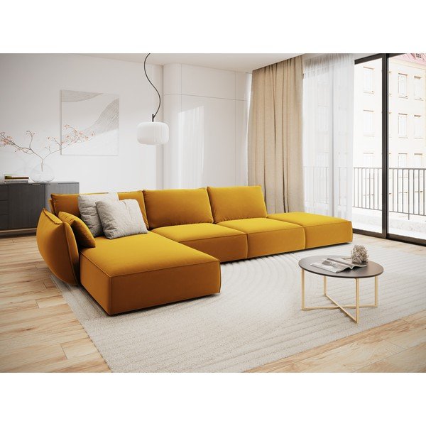 Senf žuta baršunasti kutna garnitura (s lijevim kutom/s ležaljkom) Vanda – Mazzini Sofas-image-1