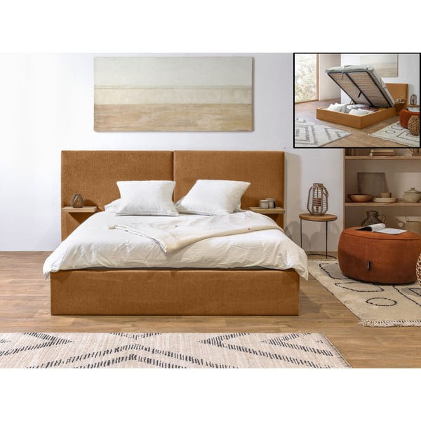 Oker žuti tapecirani bračni krevet s prostorom za odlaganje s podnicom 160x200 cm Blandine – Bobochic Paris-image-1