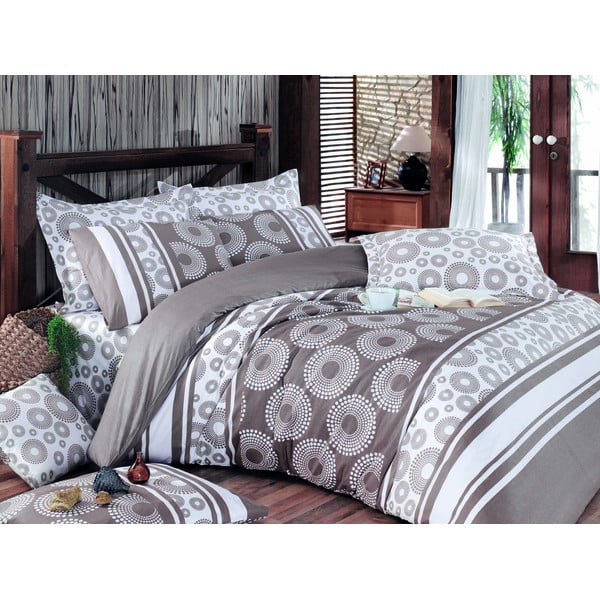 Smeđa posteljina od pamučnog satena za bračni krevet s plahtom i prekrivačem 220x240 cm Sema - Mijolnir