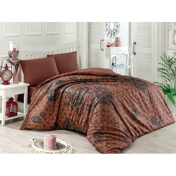 Smeđa posteljina s plahtama za bračni krevet Carel, 200 x 220 cm