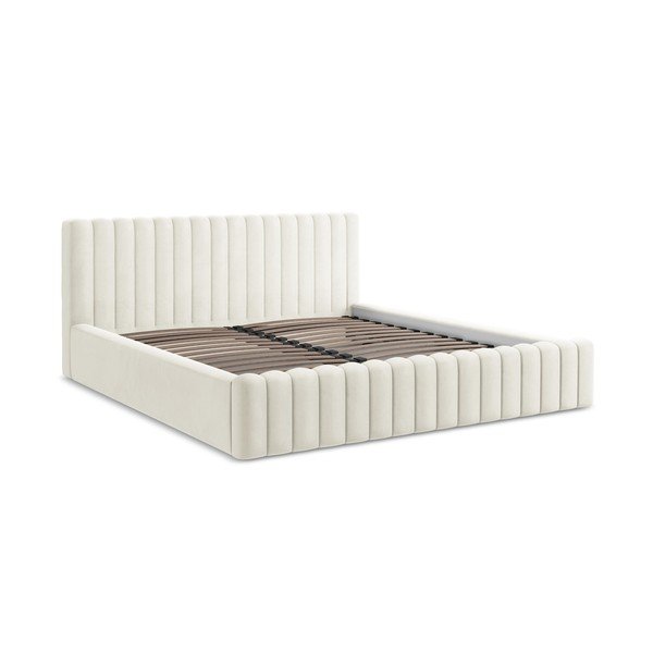 Krem tapecirani bračni krevet s prostorom za odlaganje s podnicom 160x200 cm Lemi – Makamii-image-2