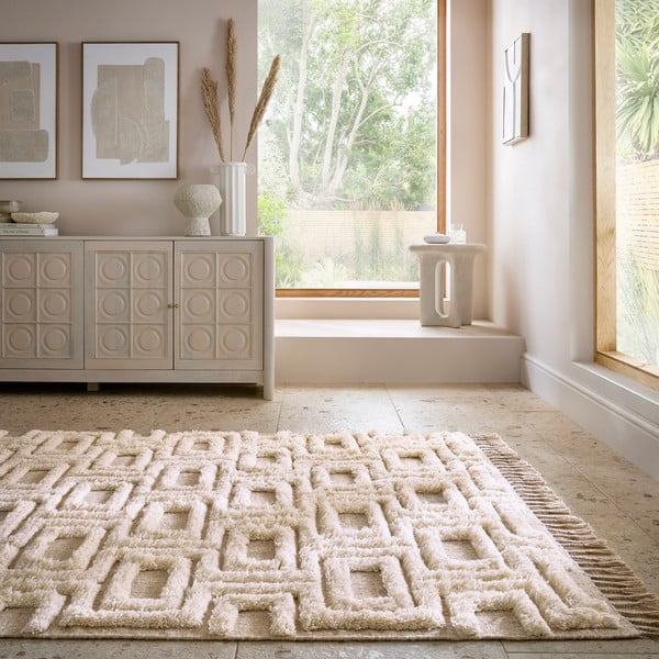Bež/krem ručno rađen vunen tepih 160x230 cm Greek Key – Flair Rugs-image-1