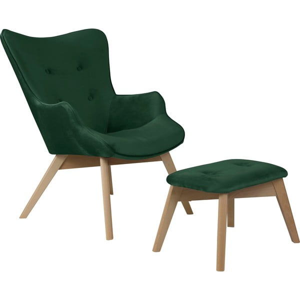 Tamno zelena baršunasta fotelja s naslonjačem za noge Niko – Ropez