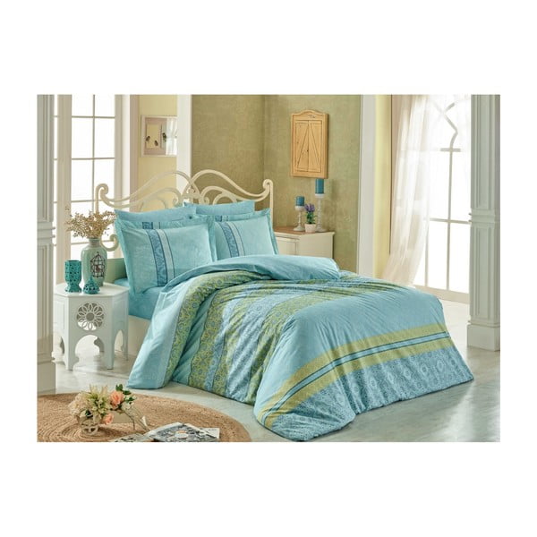 Pamučna posteljina za bračni krevet Emma Turquoise, 200 x 220 cm