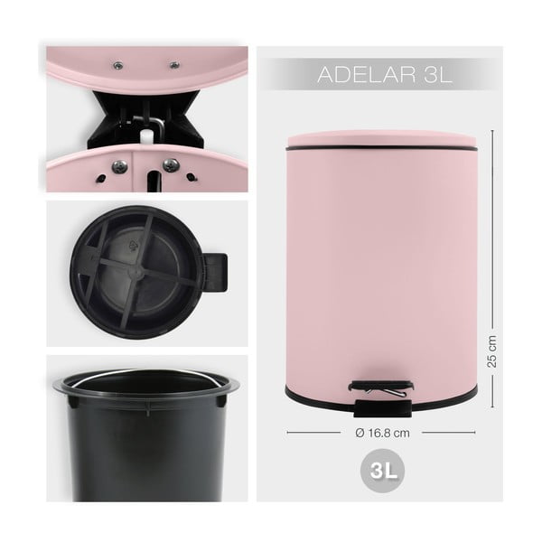 Ružičasta željezna kanta za smeće s pedalom 3 l   Adelar – Spirella-image-3
