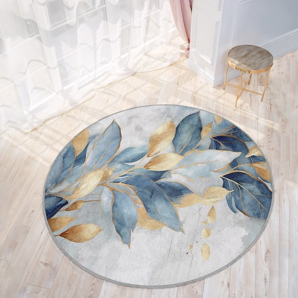Plavi/u zlatnoj boji perivi okrugao tepih ø 100 cm Golden Leaves – Mila Home-image-3