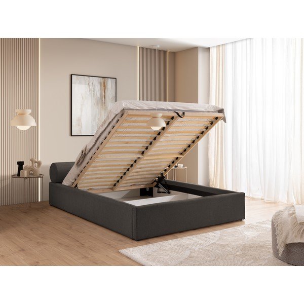 Tamno sivi tapecirani bračni krevet s prostorom za odlaganje s podnicom 140x200 cm Cille – Ropez-image-4