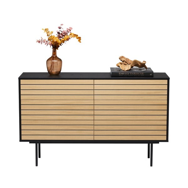 Crna niska komoda u dekoru hrasta 140x84 cm Stripe - Woodman-image-4