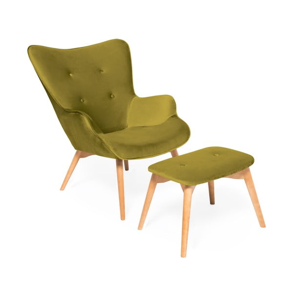 Maslinasto zelena fotelja i tabure s podnožjem u prirodnoj boji Vivonita Cora Velvet