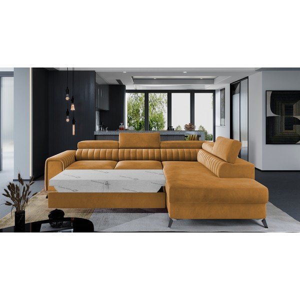 Žuta  baršunasti sklopiva/s prostorom za odlaganje kutna garnitura (s desnim kutom/u obliku slova L) Laurence – ELTAP-image-2