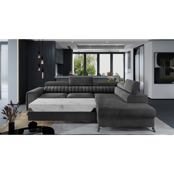 Tamno siva baršunasti sklopiva/s prostorom za odlaganje kutna garnitura (s desnim kutom/u obliku slova L) Laurence – ELTAP-image-2