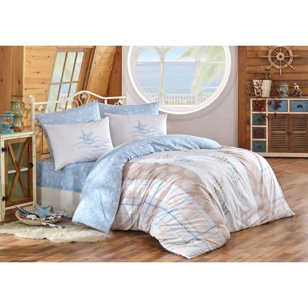 Plavo-bež pamučna posteljina za bračni krevet s plahtom i poplunom 240x260 cm Fulvia - Mijolnir