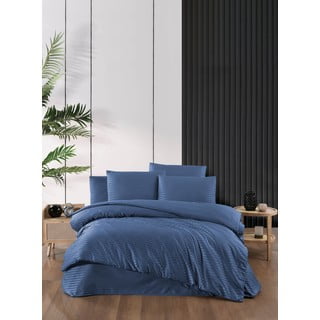 Plava posteljina za bračni krevet/za produženi krevet od damasta s uključenom plahtom/4-dijelna 200x220 cm – Mila Home