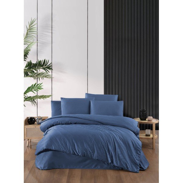 Plava posteljina za bračni krevet/za produženi krevet od damasta s uključenom plahtom/4-dijelna 200x220 cm – Mila Home
