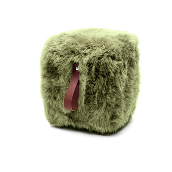 Maslinasto zeleni podnožnik od ovčjeg krzna sa smeđom ručkom Royal Dream, 45 x 45 cm