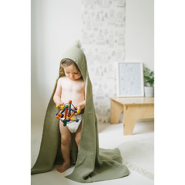 Dječji zeleni laneni ručnik s kapuljačom Linen Tales Waffle, 100 x 100 cm-image-4