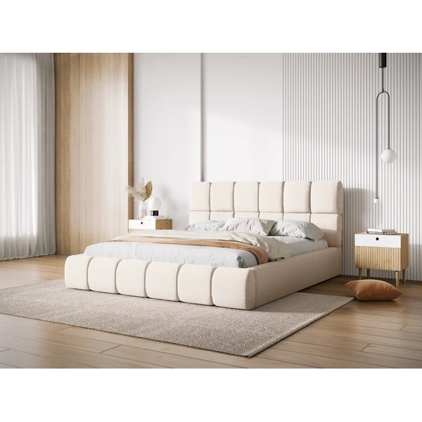 Krem tapecirani bračni krevet s prostorom za odlaganje s podnicom 140x200 cm Bellis – Micadoni Home-image-1