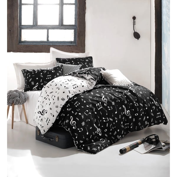 Crno bijela posteljina za bračni krevet sa plahtom i dekom 220x240 cm Melodija - Mijolnir