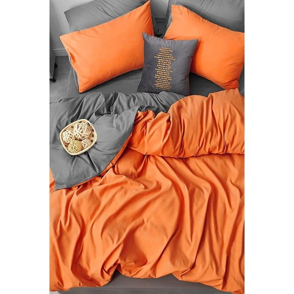 Narančasta/siva pamučna posteljina za bračni krevet/za produženi krevet s uključenom plahtom/4-dijelna 200x220 cm – Mila Home