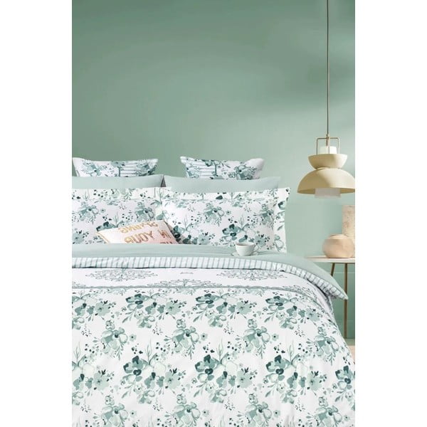 Bijela/zelena posteljina za bračni krevet/za produženi krevet od renforce pamuka s uključenom plahtom/4-dijelna 200x220 cm – Mila Home
