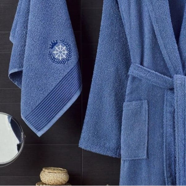 Plavi pamučan kupaonski ogrtač i ručnik u setu S/M – Mila Home-image-1