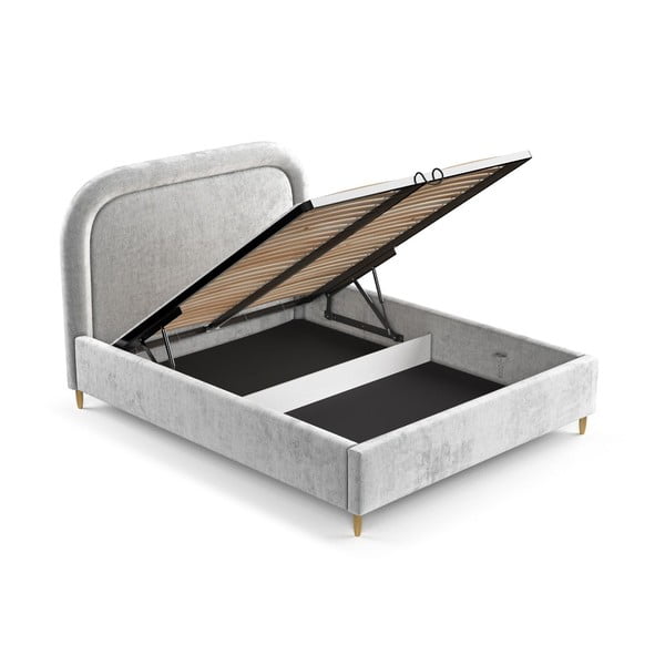 Svijetlo sivi tapecirani bračni krevet s prostorom za pohranu s podnicom 140x200 cm Mija – Maison de Rêve-image-2