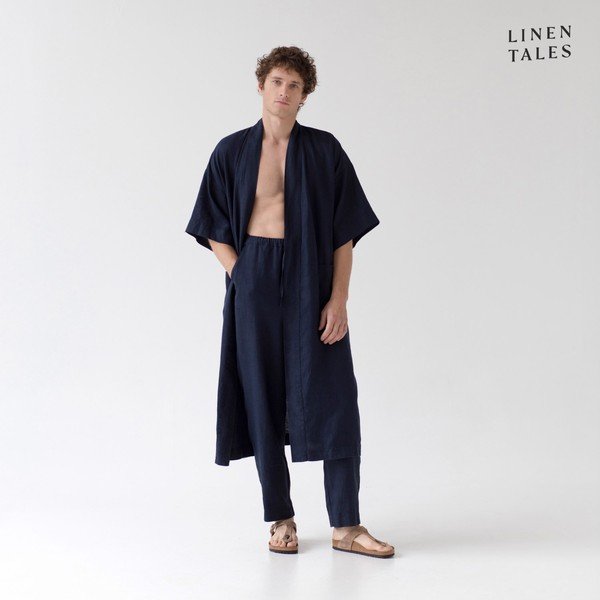 Tamnoplavi laneni kućni ogrtač veličine S/M Summer - Linen Tales-image-4