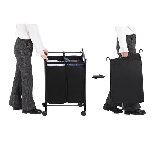 Crna košara na kotačićima s 2 pregrade za rublje Songmics-image-3