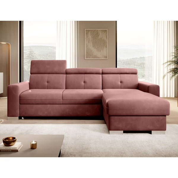 Ružičasta baršunasti sklopiva/s prostorom za odlaganje kutna garnitura (s desnim kutom/s ležaljkom) Fresia – ELTAP-image-1