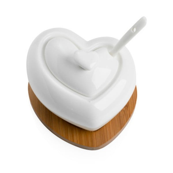 Porculanska posudica za šećer sa žlicom i podmetačem od bambusa Brandani Heart-image-2
