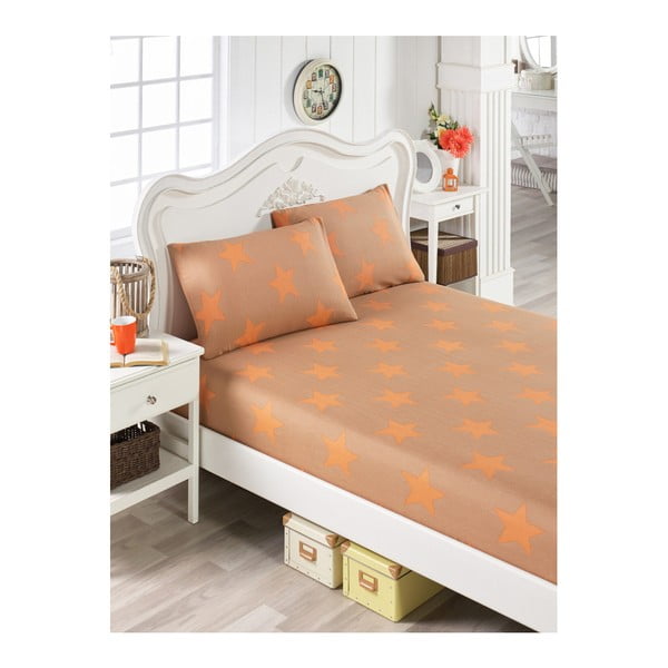 Set pamučne narančaste posteljine i 2 jastučnice za krevet za jednu osobu Stars Lusno, 100 x 200 cm