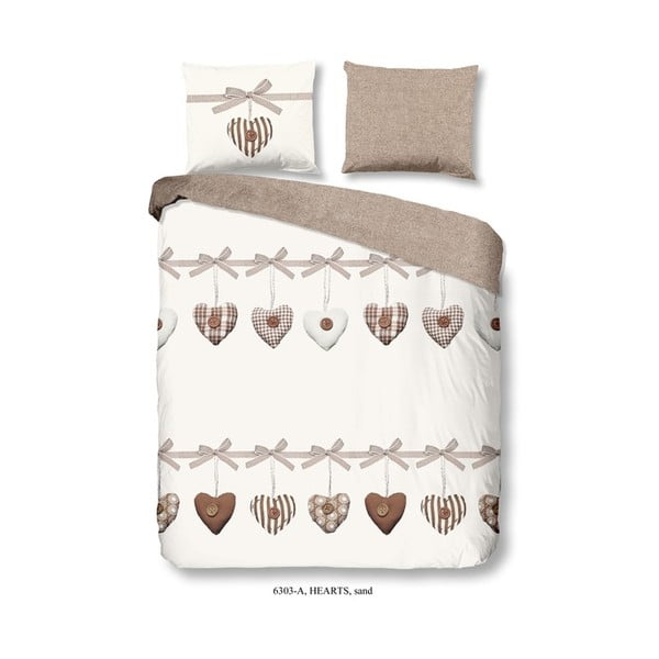 Bež-bijela posteljina na bračnom krevetu od pamuka Dobro jutro srca, 200 x 240 cm