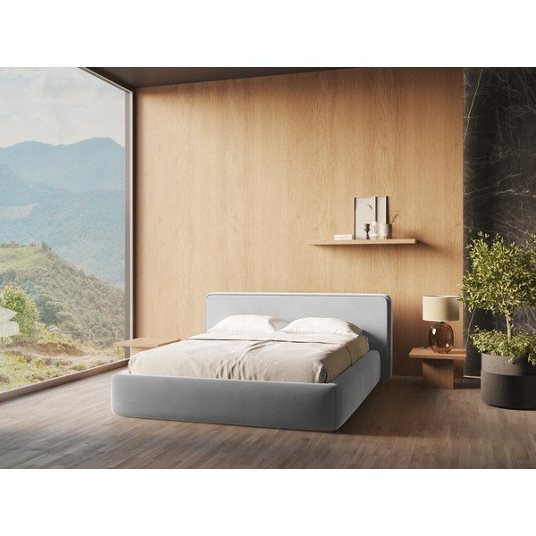 Sivi tapecirani bračni krevet s prostorom za odlaganje s podnicom 160x200 cm Kiana – Makamii-image-1