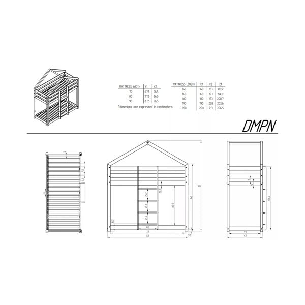Dječji krevet u obliku kućice/na kat s podnicom 90x180 cm u prirodnoj boji DMPN – Adeko-image-2
