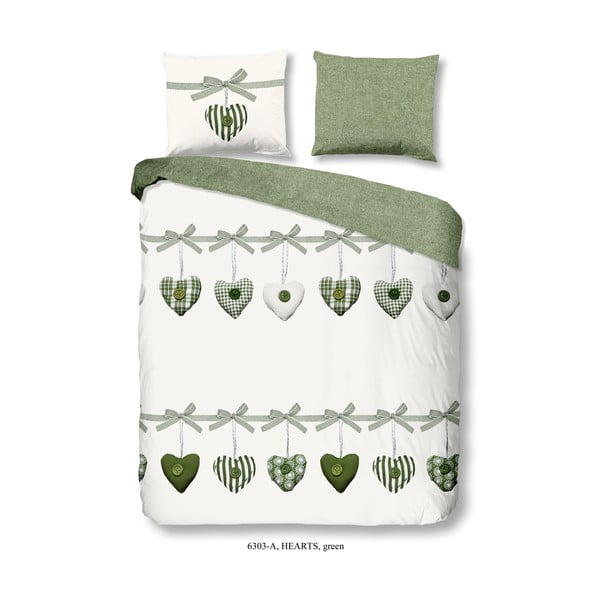 Zeleno-bijela pamučna posteljina Good Morning Hearts, 200 x 200 cm